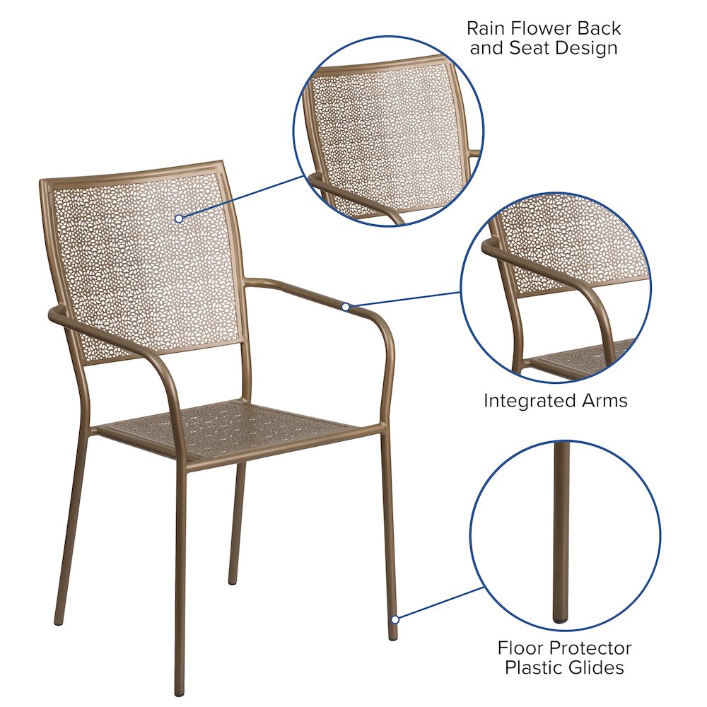 Commercial Grade Gold Indoor-Outdoor Steel Patio Arm Chair with Square Back. Picture 5