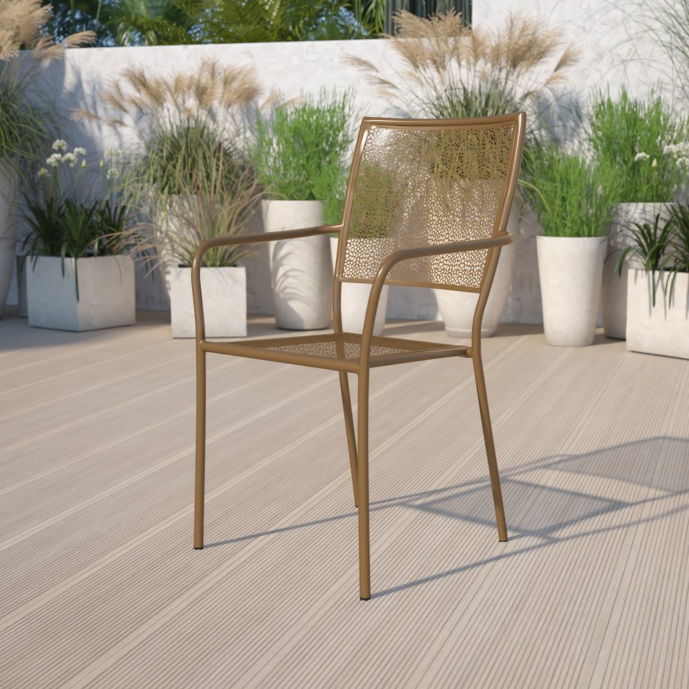 Commercial Grade Gold Indoor-Outdoor Steel Patio Arm Chair with Square Back. Picture 2