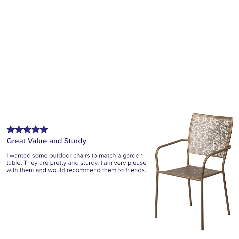 Commercial Grade Gold Indoor-Outdoor Steel Patio Arm Chair with Square Back. Picture 4