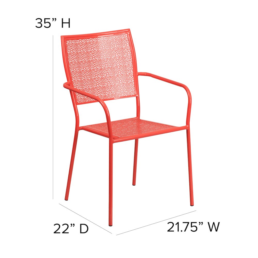 Commercial Grade Coral Indoor-Outdoor Steel Patio Arm Chair with Square Back. Picture 6