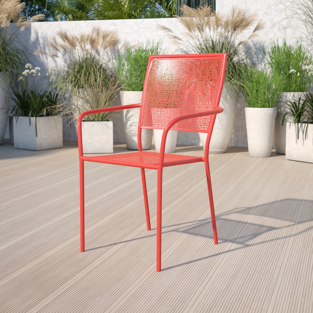 Commercial Grade Coral Indoor-Outdoor Steel Patio Arm Chair with Square Back. Picture 2