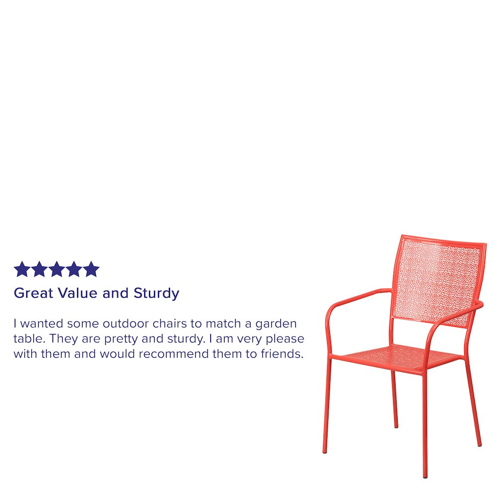 Commercial Grade Coral Indoor-Outdoor Steel Patio Arm Chair with Square Back. Picture 4