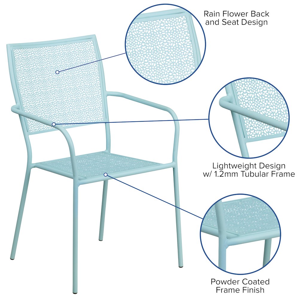 Sky Blue Indoor-Outdoor Steel Patio Arm Chair with Square Back. Picture 4