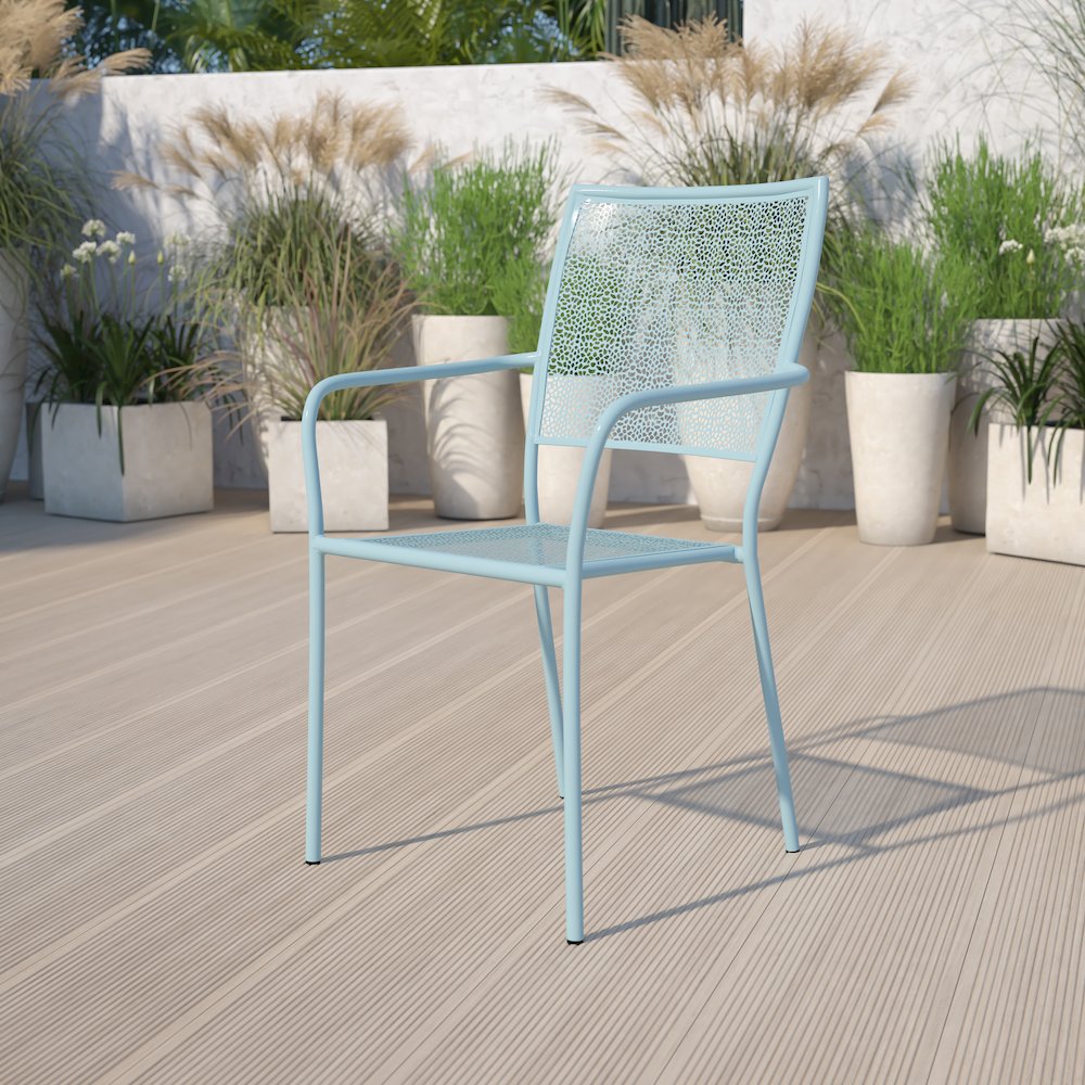 Sky Blue Indoor-Outdoor Steel Patio Arm Chair with Square Back. Picture 2