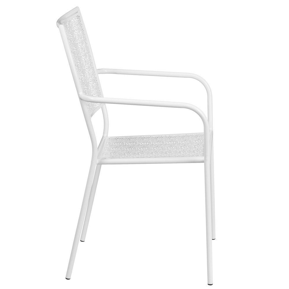 Commercial Grade White Indoor-Outdoor Steel Patio Arm Chair with Square Back. Picture 9