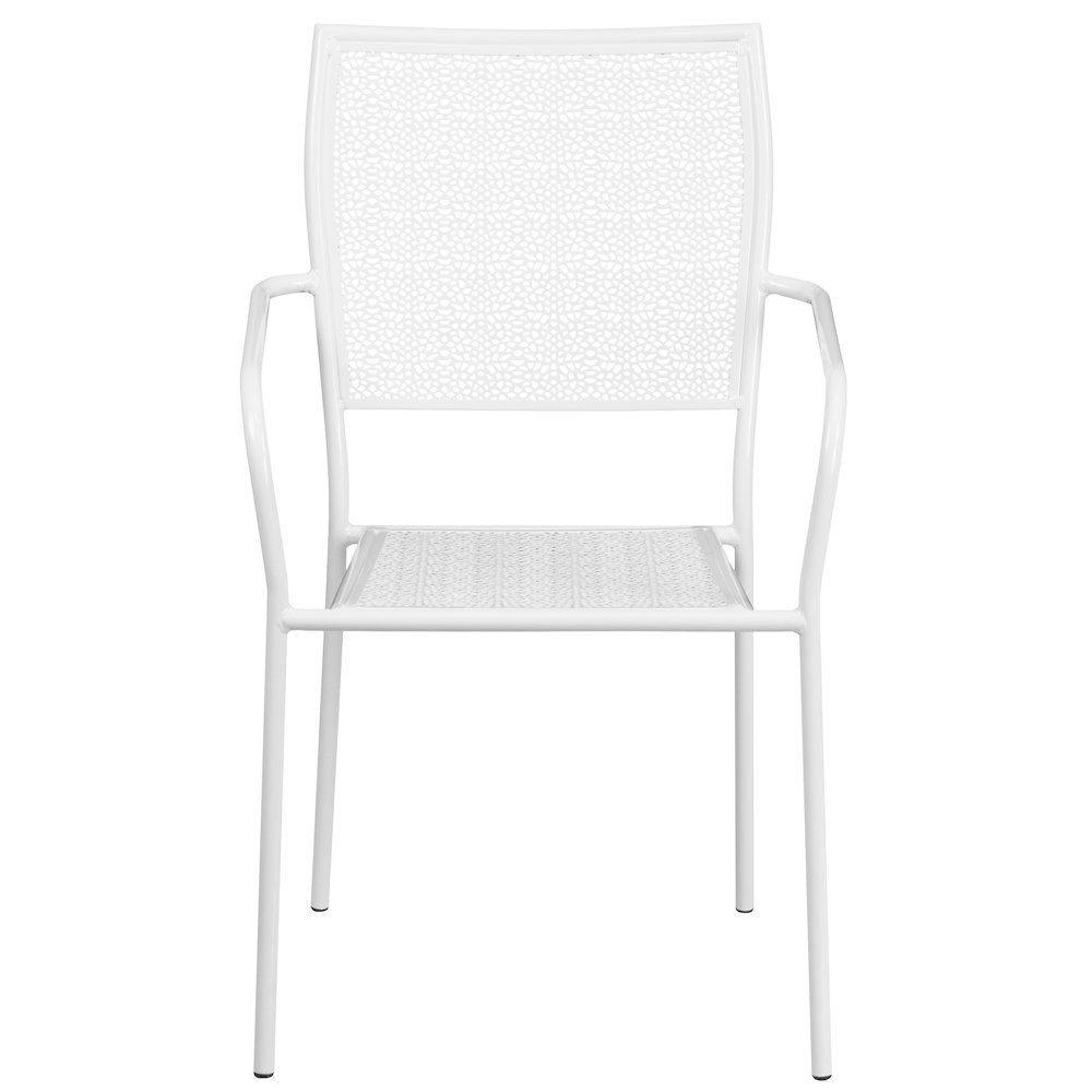Commercial Grade White Indoor-Outdoor Steel Patio Arm Chair with Square Back. Picture 10