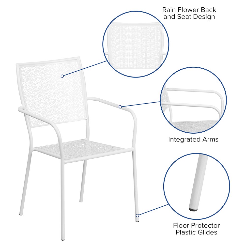 Commercial Grade White Indoor-Outdoor Steel Patio Arm Chair with Square Back. Picture 5