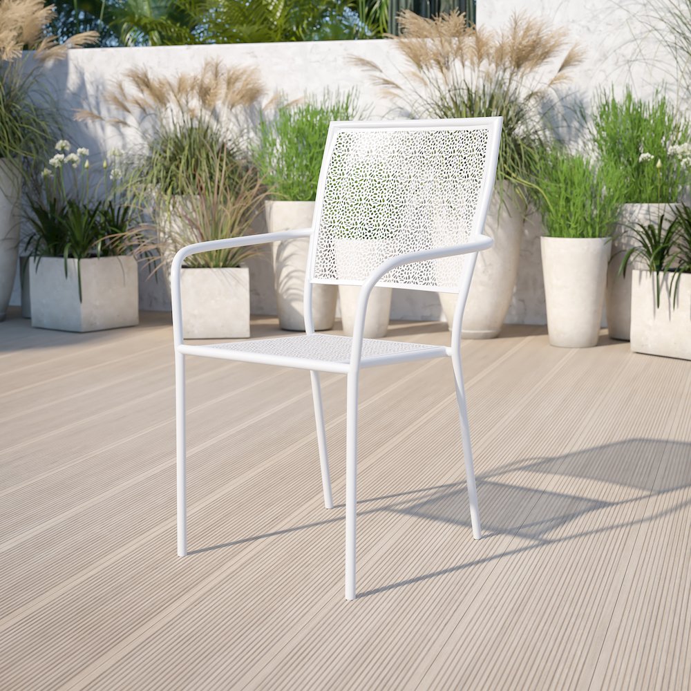 Commercial Grade White Indoor-Outdoor Steel Patio Arm Chair with Square Back. Picture 2