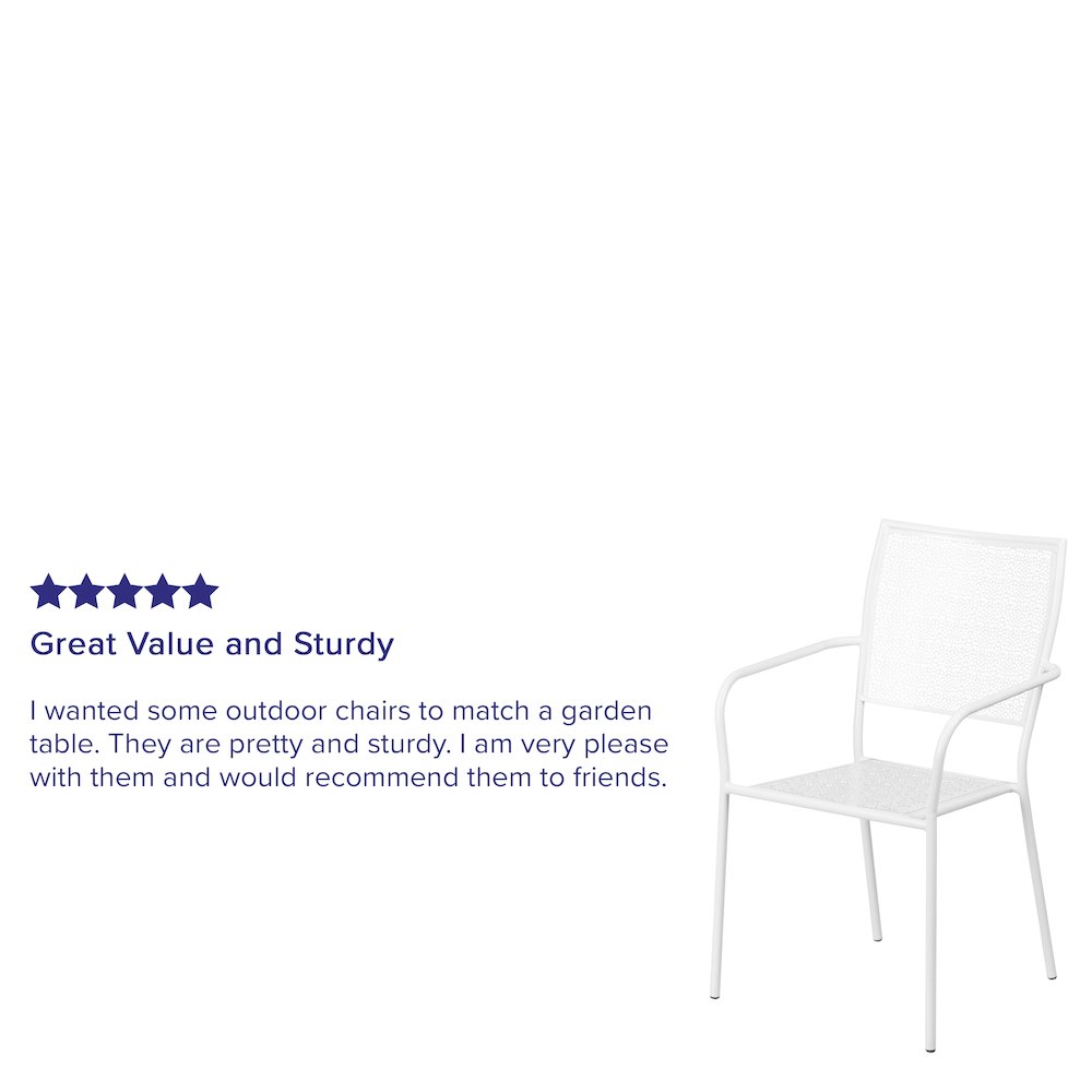 Commercial Grade White Indoor-Outdoor Steel Patio Arm Chair with Square Back. Picture 4