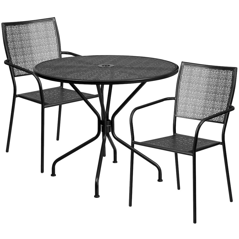 Commercial Grade 35.25" Round Black Indoor-Outdoor Steel Patio Table Set with 2 Square Back Chairs. Picture 1