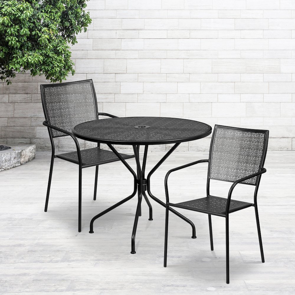Commercial Grade 35.25" Round Black Indoor-Outdoor Steel Patio Table Set with 2 Square Back Chairs. Picture 4