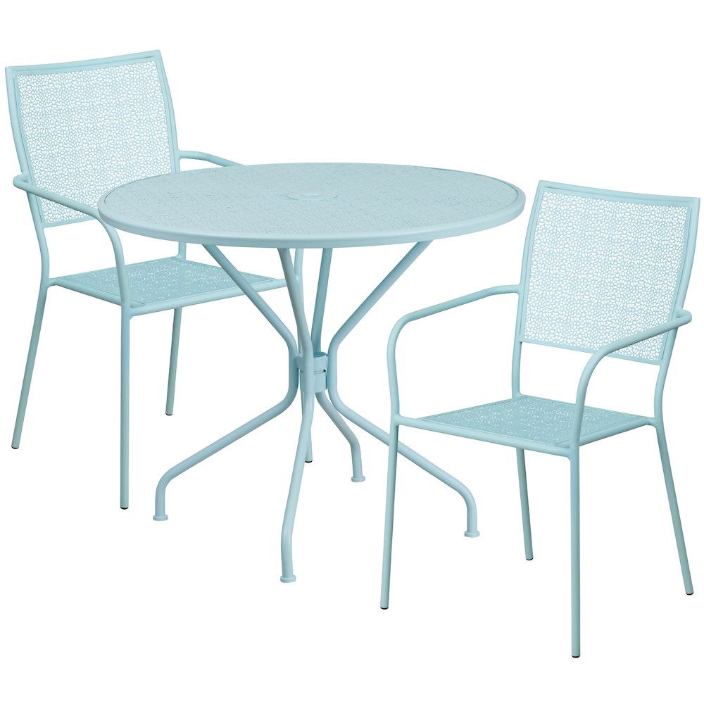 35.25" Round Sky Blue Indoor-Outdoor Steel Patio Table Set with 2 Back Chairs. Picture 1