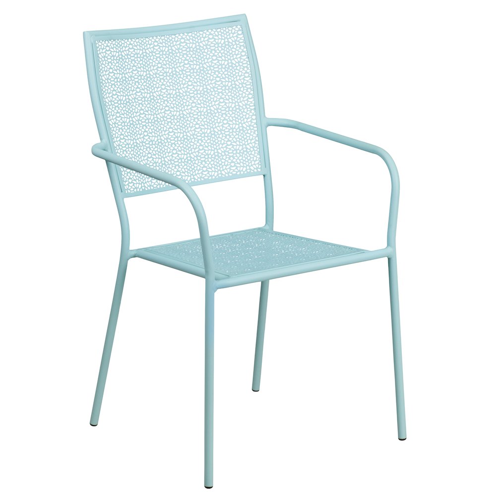 35.25" Round Sky Blue Indoor-Outdoor Steel Patio Table Set with 2 Back Chairs. Picture 5