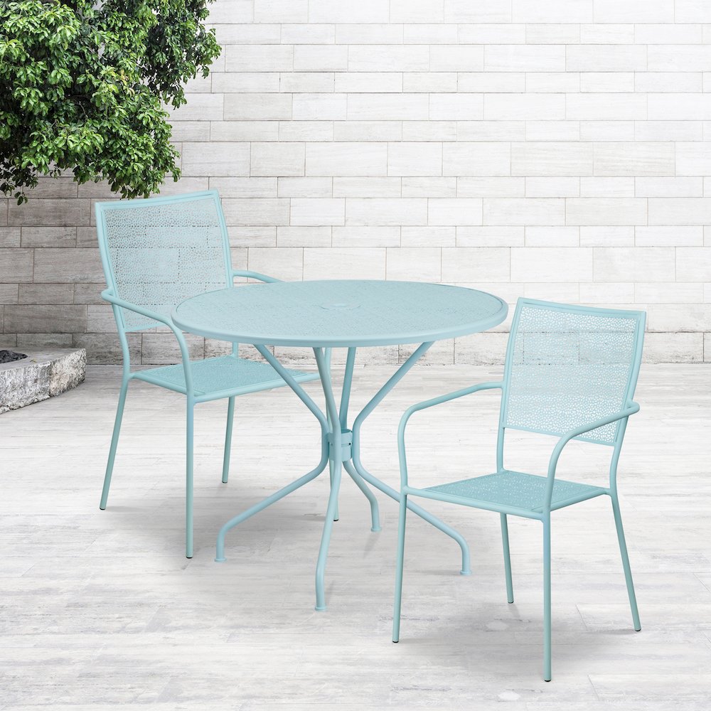 35.25" Round Sky Blue Indoor-Outdoor Steel Patio Table Set with 2 Back Chairs. Picture 2