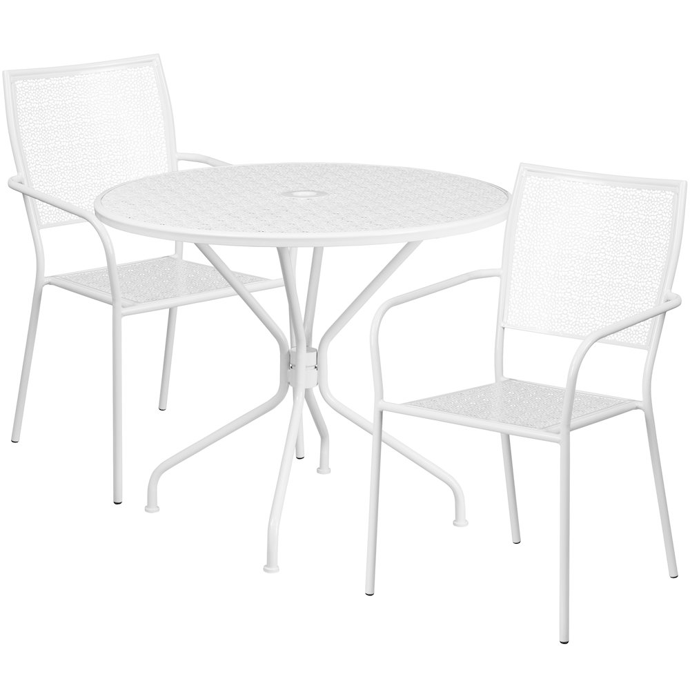 35.25" Round White Indoor-Outdoor Steel Patio Table Set with 2 Back Chairs. Picture 1