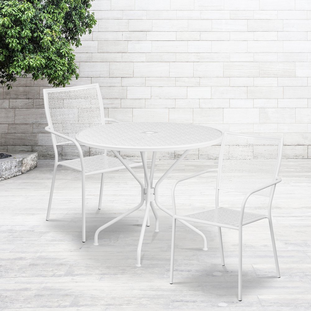 35.25" Round White Indoor-Outdoor Steel Patio Table Set with 2 Back Chairs. Picture 2