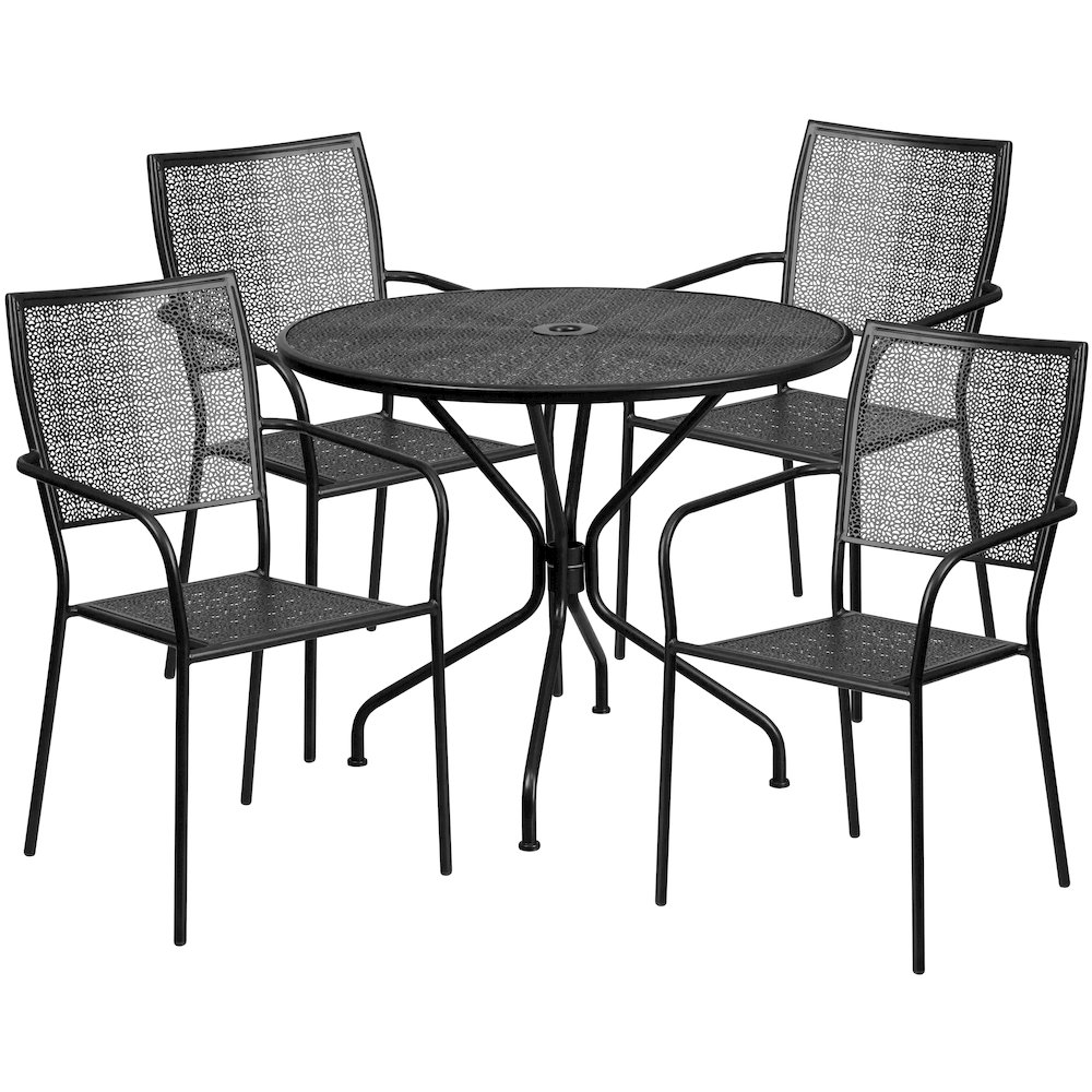 35.25" Round Black Indoor-Outdoor Steel Patio Table Set with 4 Back Chairs. Picture 1