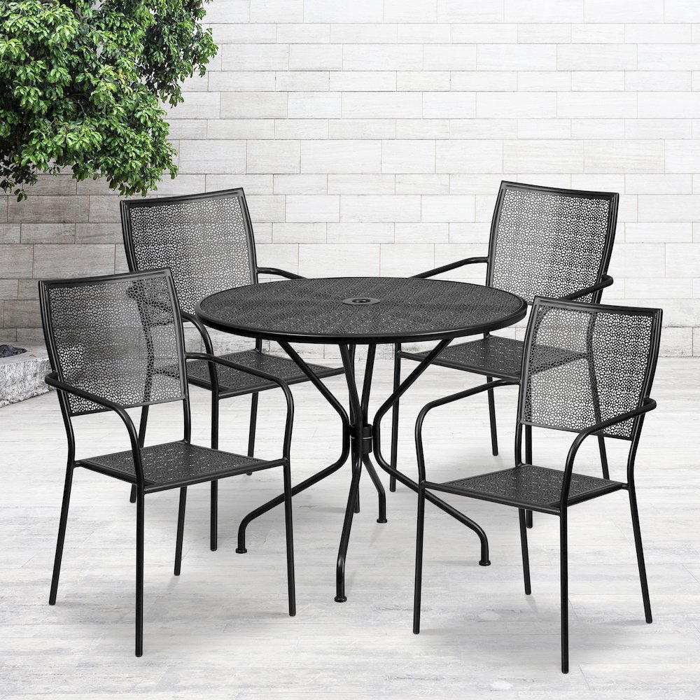 35.25" Round Black Indoor-Outdoor Steel Patio Table Set with 4 Back Chairs. Picture 2