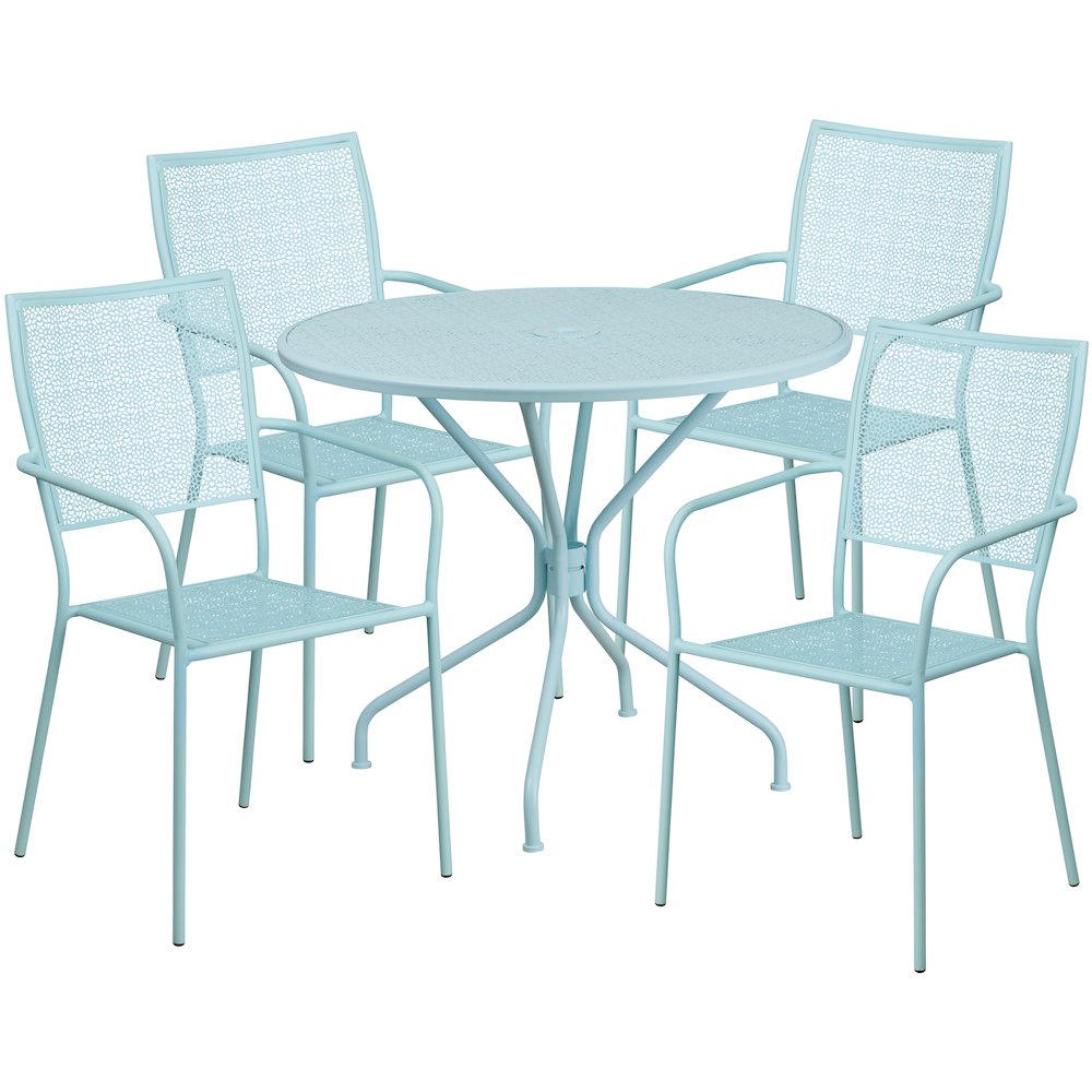 Commercial Grade 35.25" Round Sky Blue Indoor-Outdoor Steel Patio Table Set with 4 Square Back Chairs. Picture 1