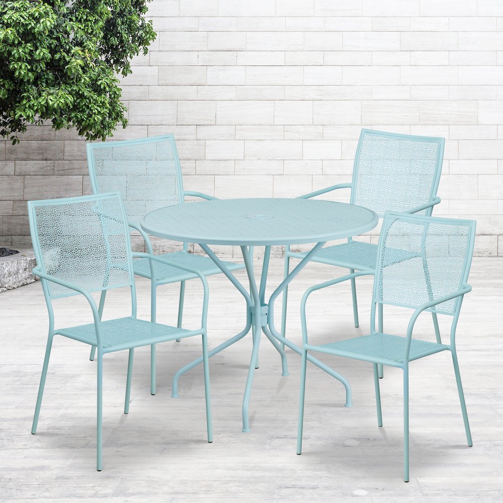 Commercial Grade 35.25" Round Sky Blue Indoor-Outdoor Steel Patio Table Set with 4 Square Back Chairs. Picture 4