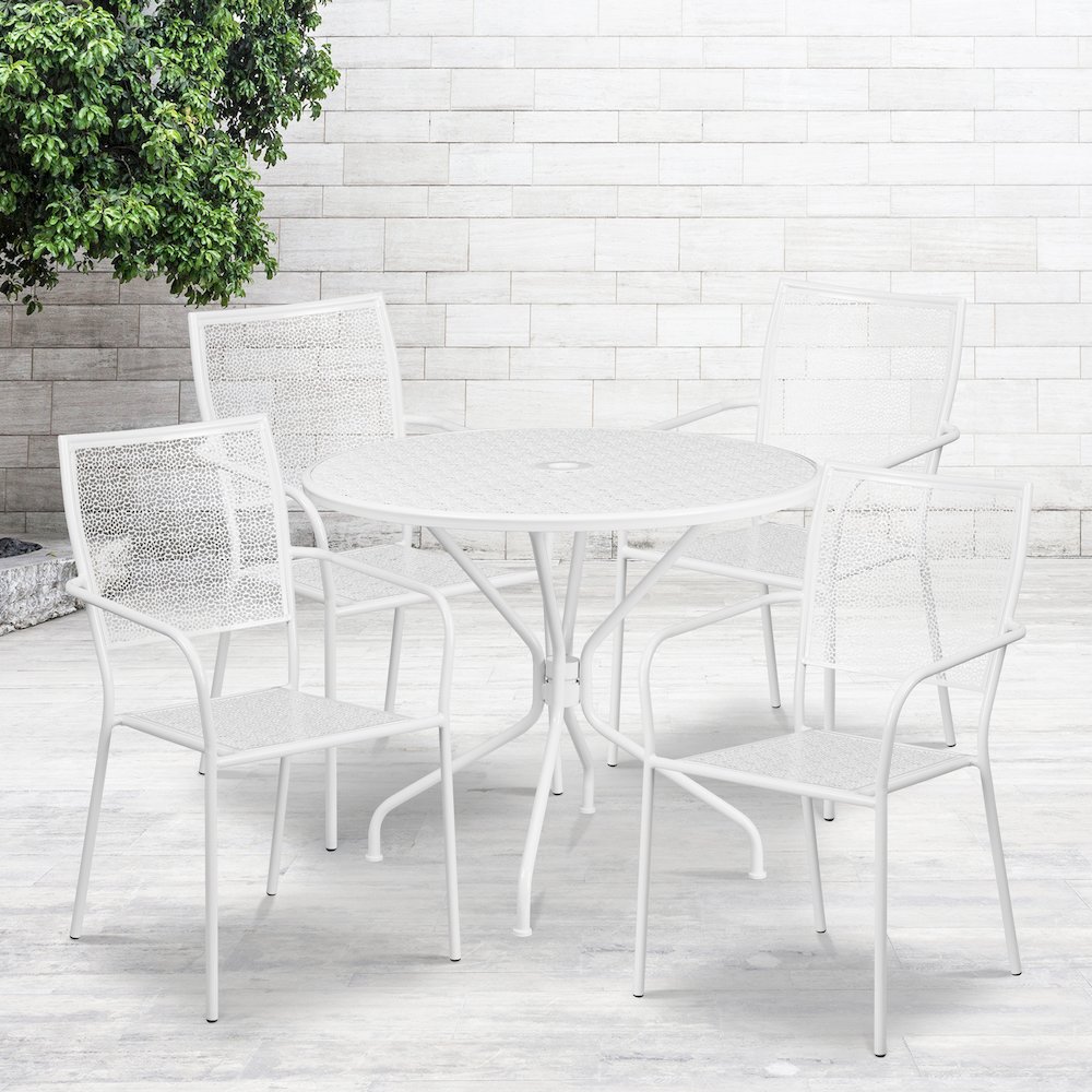 Commercial Grade 35.25" Round White Indoor-Outdoor Steel Patio Table Set with 4 Square Back Chairs. Picture 4
