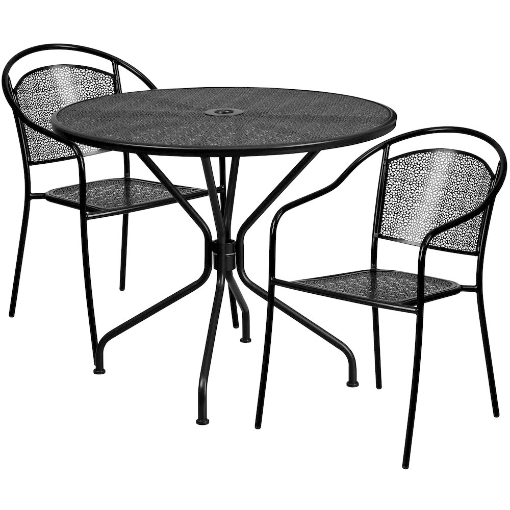 Commercial Grade 35.25" Round Black Indoor-Outdoor Steel Patio Table Set with 2 Round Back Chairs. Picture 1