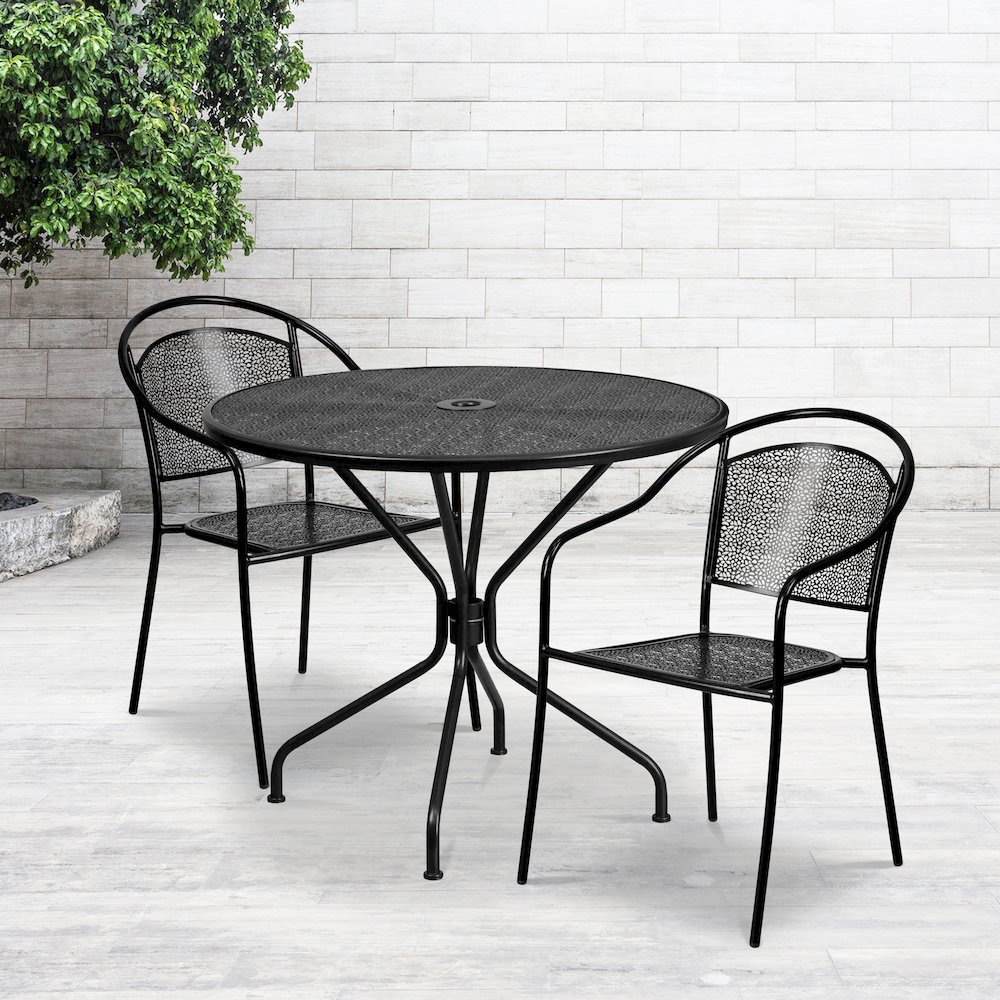Commercial Grade 35.25" Round Black Indoor-Outdoor Steel Patio Table Set with 2 Round Back Chairs. Picture 4