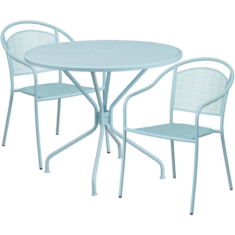 35.25" Round Sky Blue Indoor-Steel Patio Table Set with 2 Round Back Chairs. Picture 1