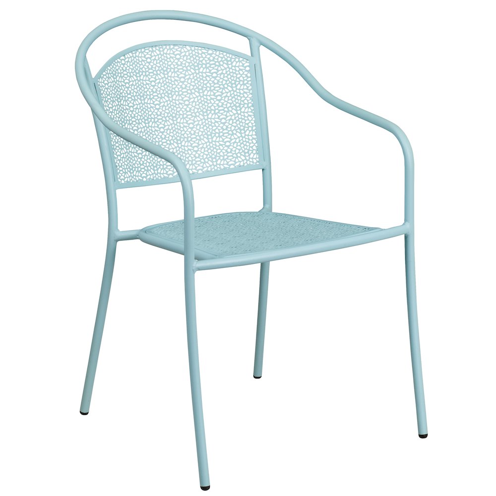 35.25" Round Sky Blue Indoor-Steel Patio Table Set with 2 Round Back Chairs. Picture 5