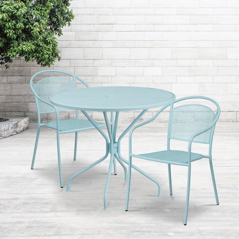 35.25" Round Sky Blue Indoor-Steel Patio Table Set with 2 Round Back Chairs. Picture 2