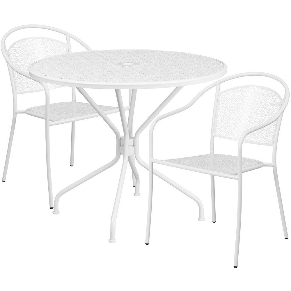 Commercial Grade 35.25" Round White Indoor-Outdoor Steel Patio Table Set with 2 Round Back Chairs. Picture 1