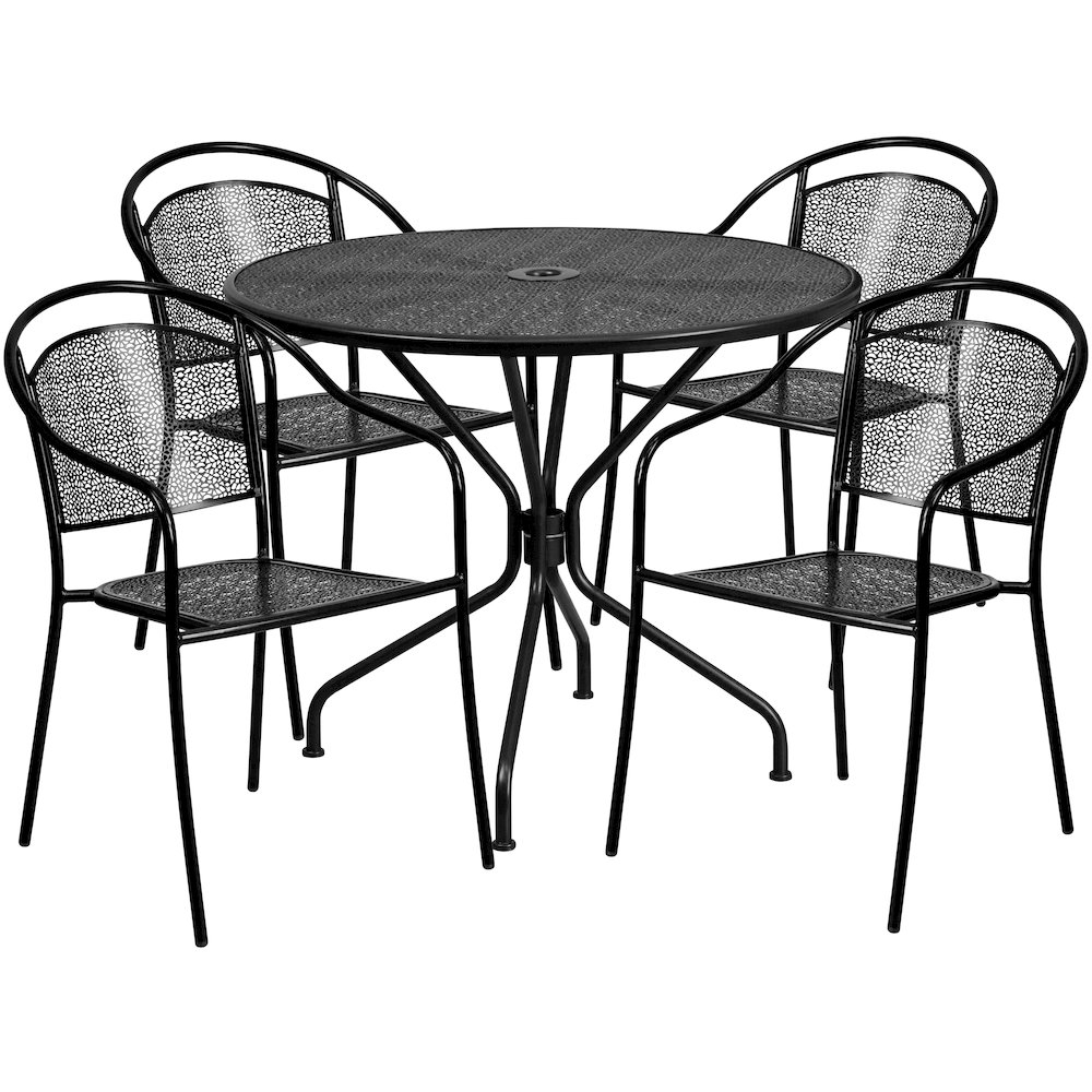 35.25" Round Black Indoor-Outdoor Steel Patio Table Set with 4 Round Back Chairs. Picture 1