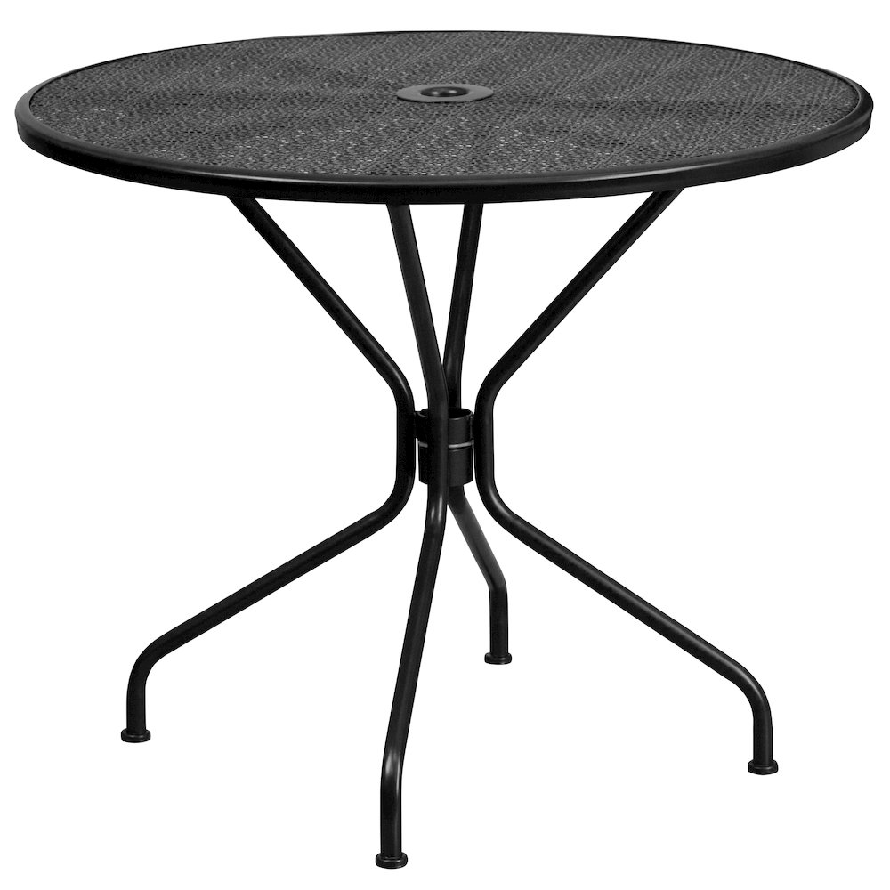 35.25" Round Black Indoor-Outdoor Steel Patio Table Set with 4 Round Back Chairs. Picture 7