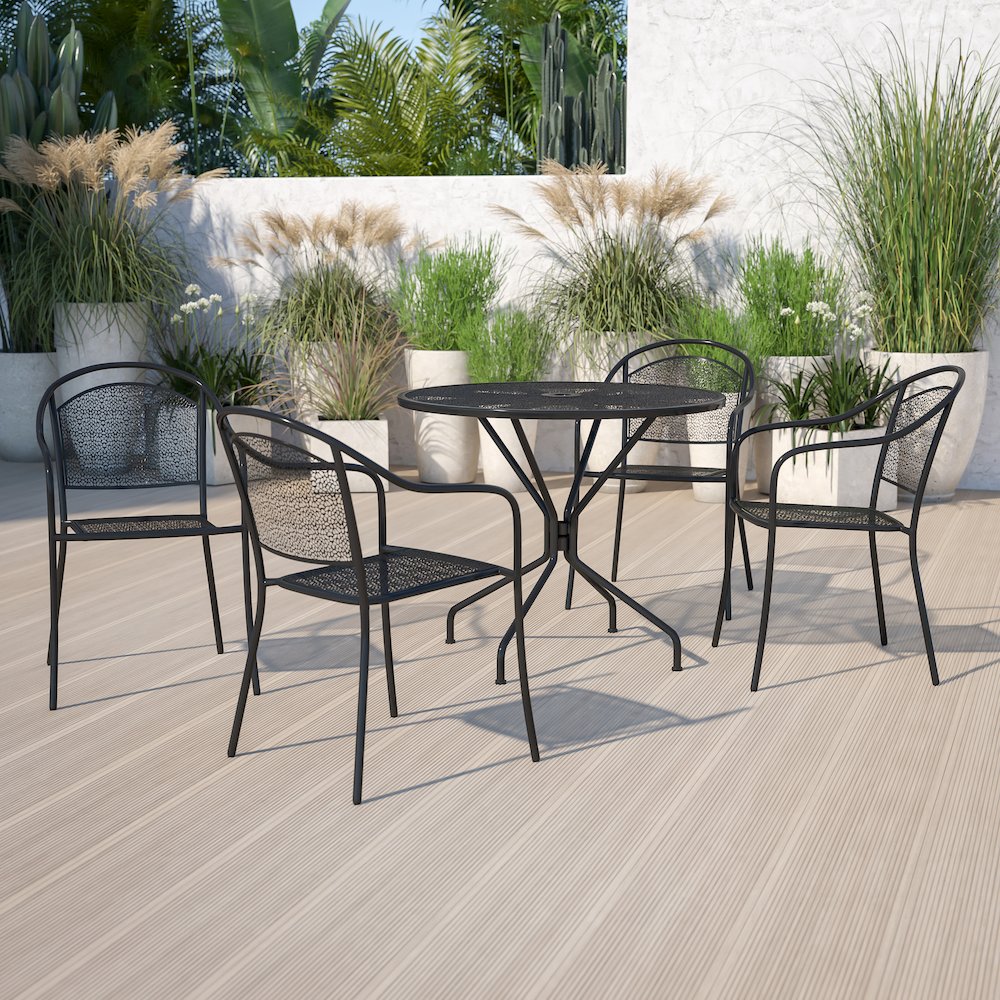35.25" Round Black Indoor-Outdoor Steel Patio Table Set with 4 Round Back Chairs. Picture 2