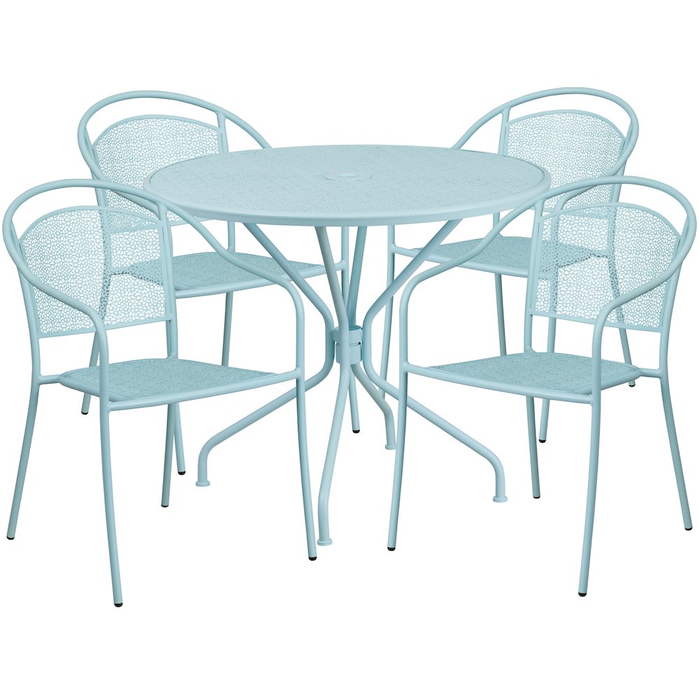 35.25" Round Sky Blue Indoor-Steel Patio Table Set with 4 Round Back Chairs. Picture 1