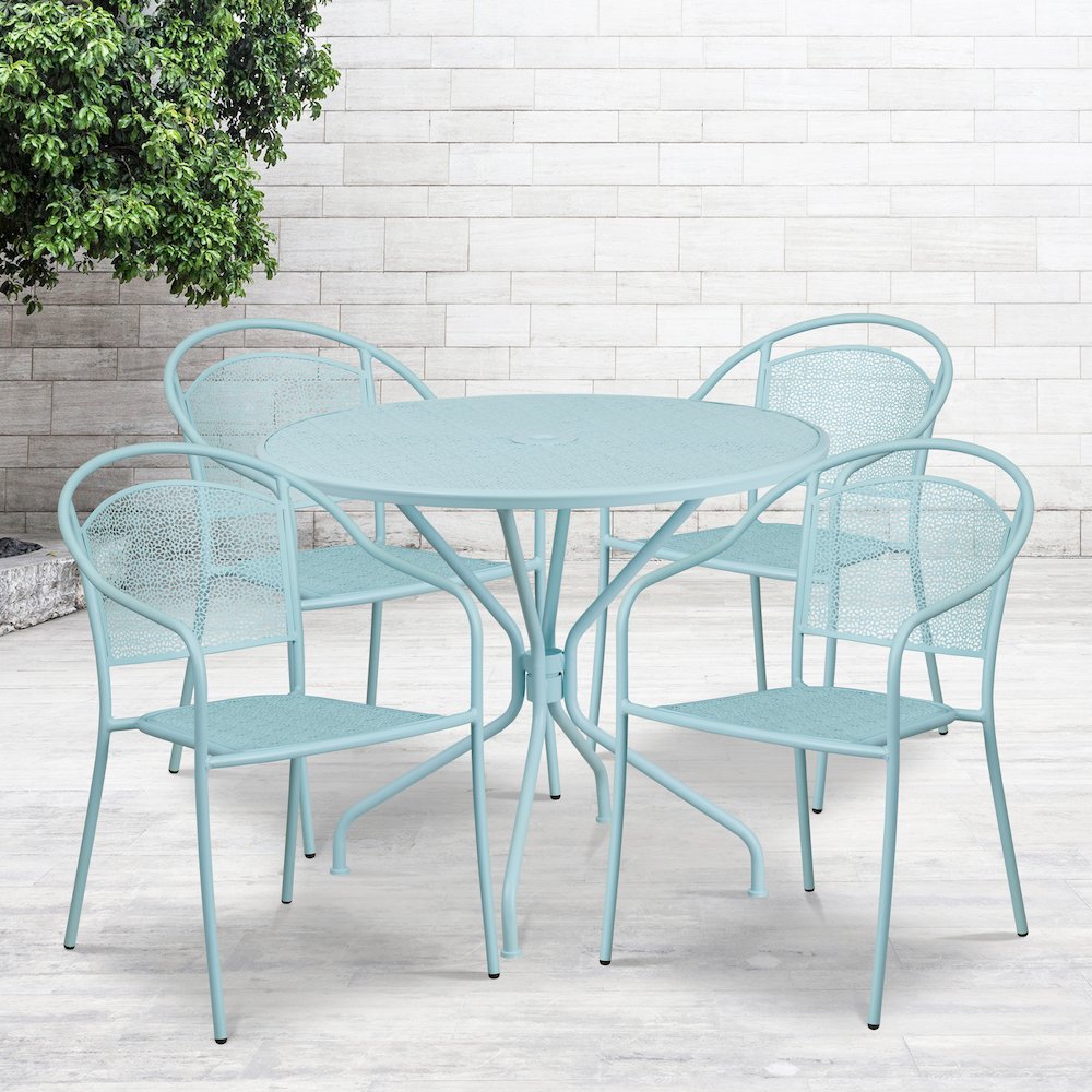 35.25" Round Sky Blue Indoor-Steel Patio Table Set with 4 Round Back Chairs. Picture 2