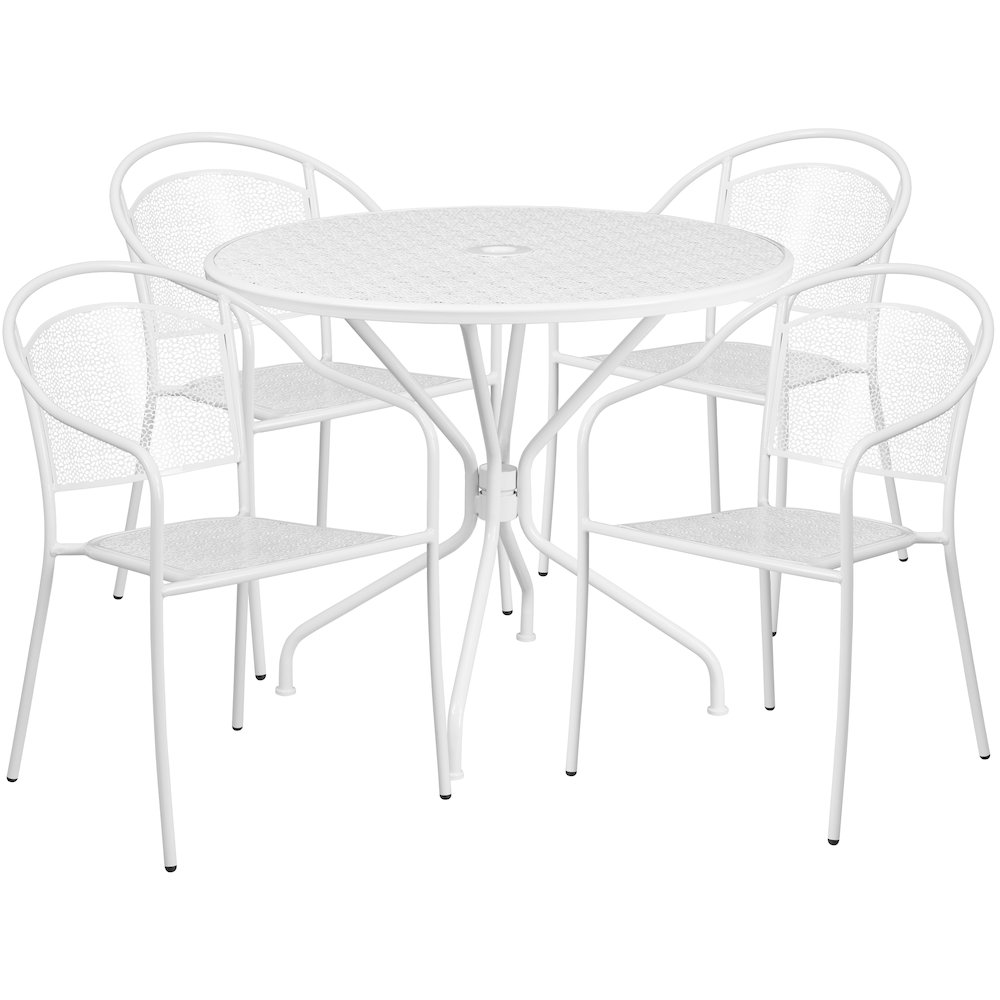 Commercial Grade 35.25" Round White Indoor-Outdoor Steel Patio Table Set with 4 Round Back Chairs. Picture 1