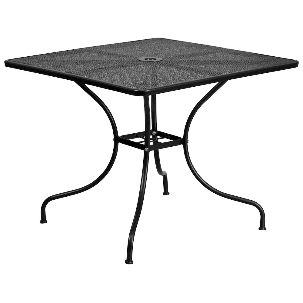 Commercial Grade 35.5" Square Black Indoor-Outdoor Steel Patio Table Set with 2 Square Back Chairs. Picture 2
