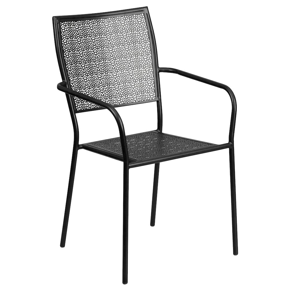 Commercial Grade 35.5" Square Black Indoor-Outdoor Steel Patio Table Set with 2 Square Back Chairs. Picture 3