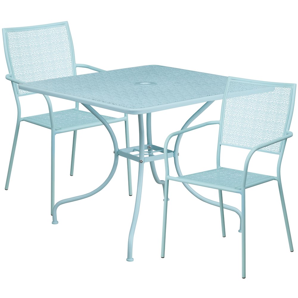 Commercial Grade 35.5" Square Sky Blue Indoor-Outdoor Steel Patio Table Set with 2 Square Back Chairs. Picture 1
