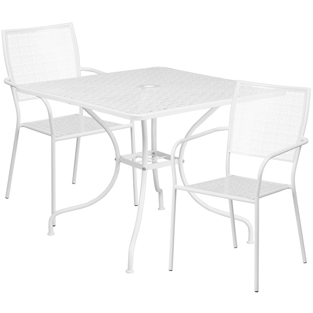 35.5" White Indoor-Outdoor Steel Patio Table Set with 2 Back Chairs. Picture 1