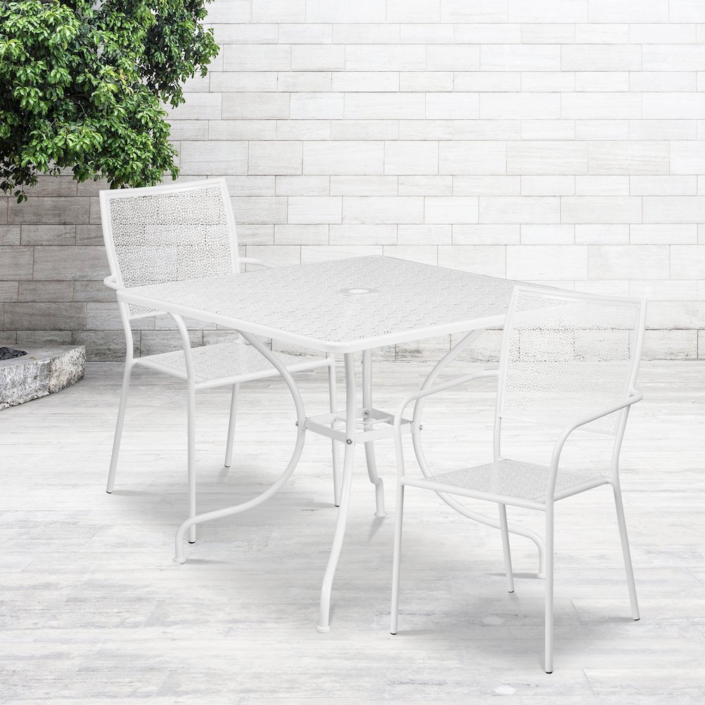 35.5" White Indoor-Outdoor Steel Patio Table Set with 2 Back Chairs. Picture 2