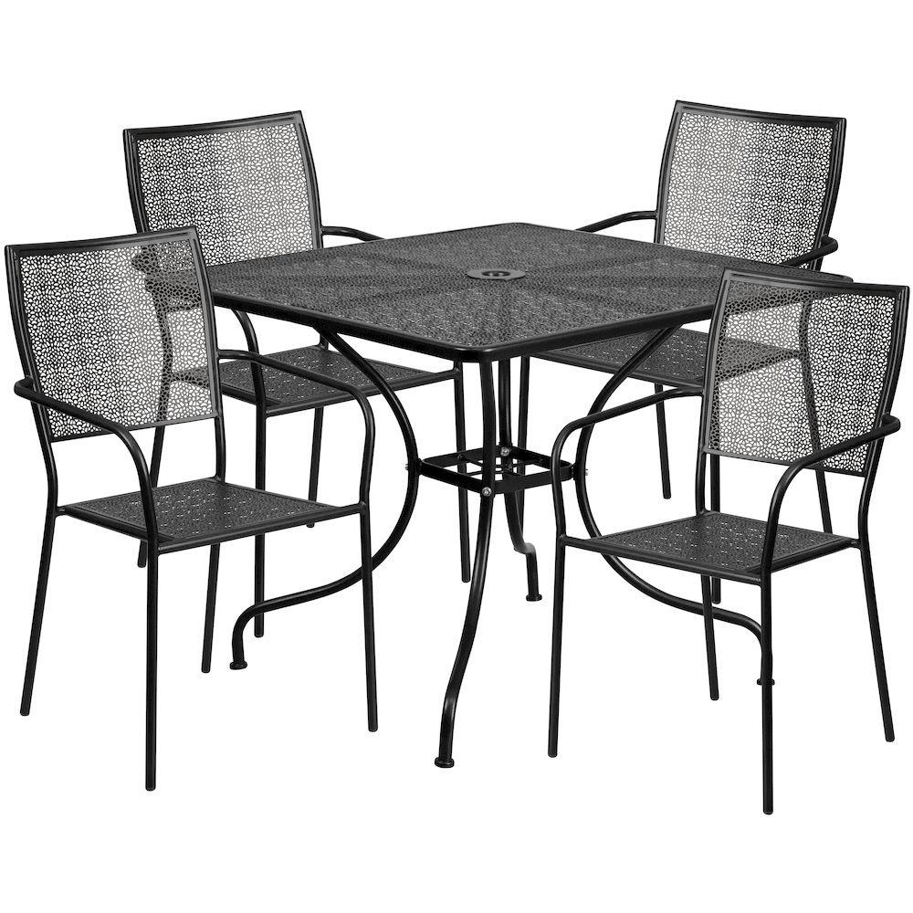 Commercial Grade 35.5" Square Black Indoor-Outdoor Steel Patio Table Set with 4 Square Back Chairs. Picture 1