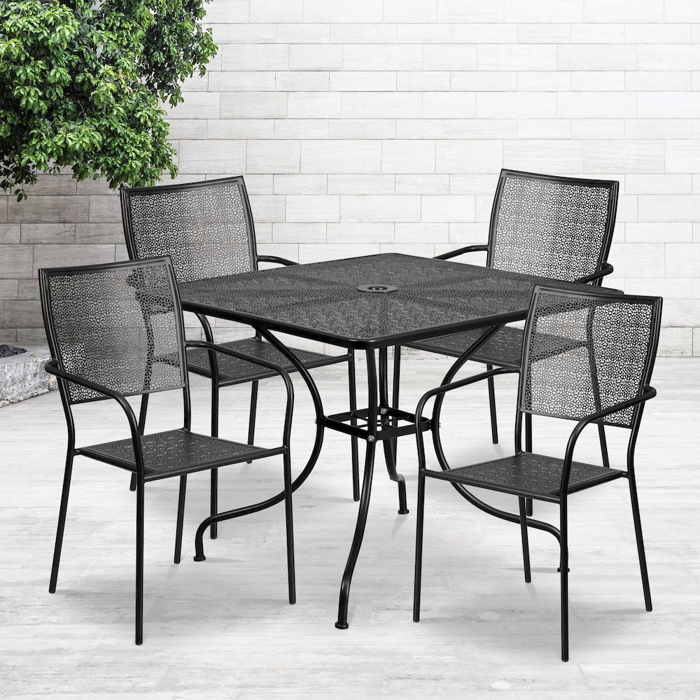 Commercial Grade 35.5" Square Black Indoor-Outdoor Steel Patio Table Set with 4 Square Back Chairs. Picture 4