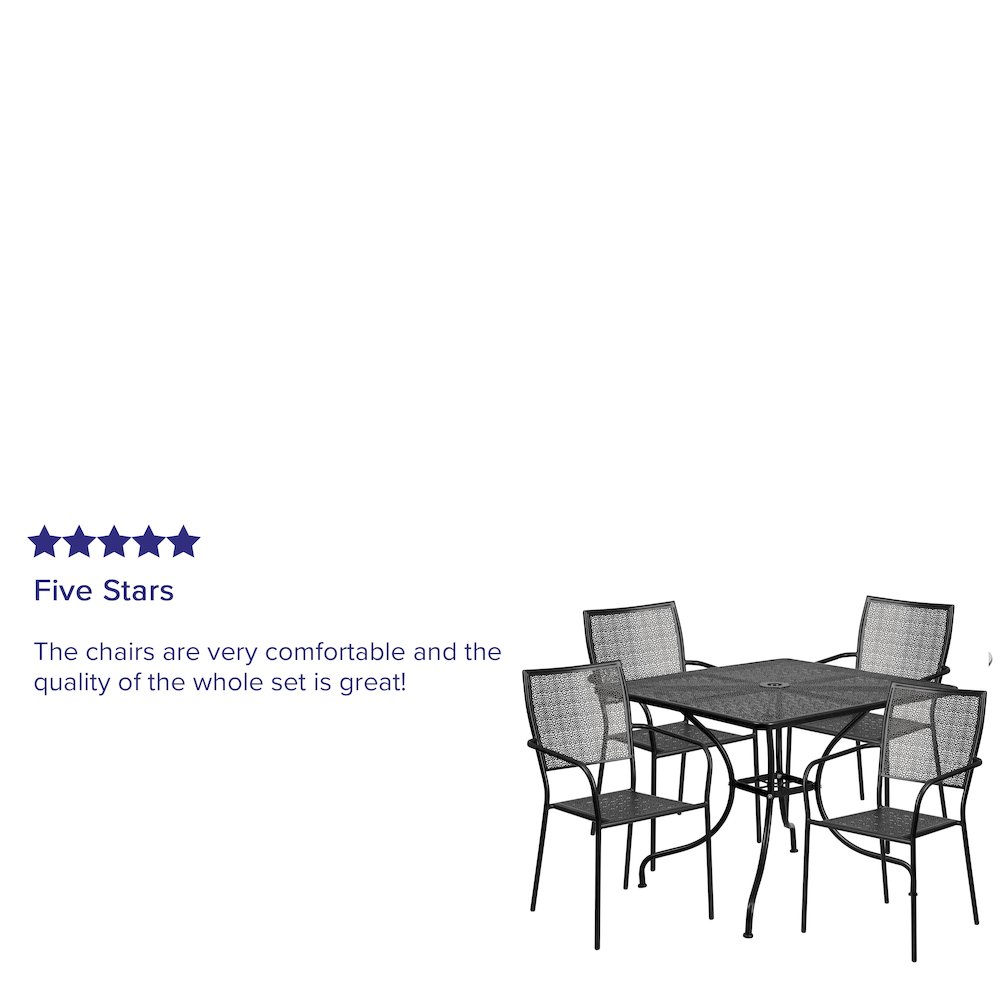 Commercial Grade 35.5" Square Black Indoor-Outdoor Steel Patio Table Set with 4 Square Back Chairs. Picture 5