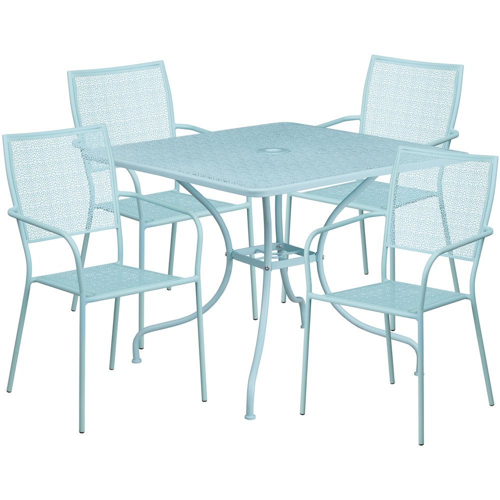 35.5" Sky Blue Indoor-Outdoor Steel Patio Table Set with 4 Back Chairs. Picture 1