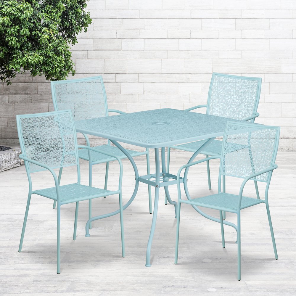 35.5" Sky Blue Indoor-Outdoor Steel Patio Table Set with 4 Back Chairs. Picture 2