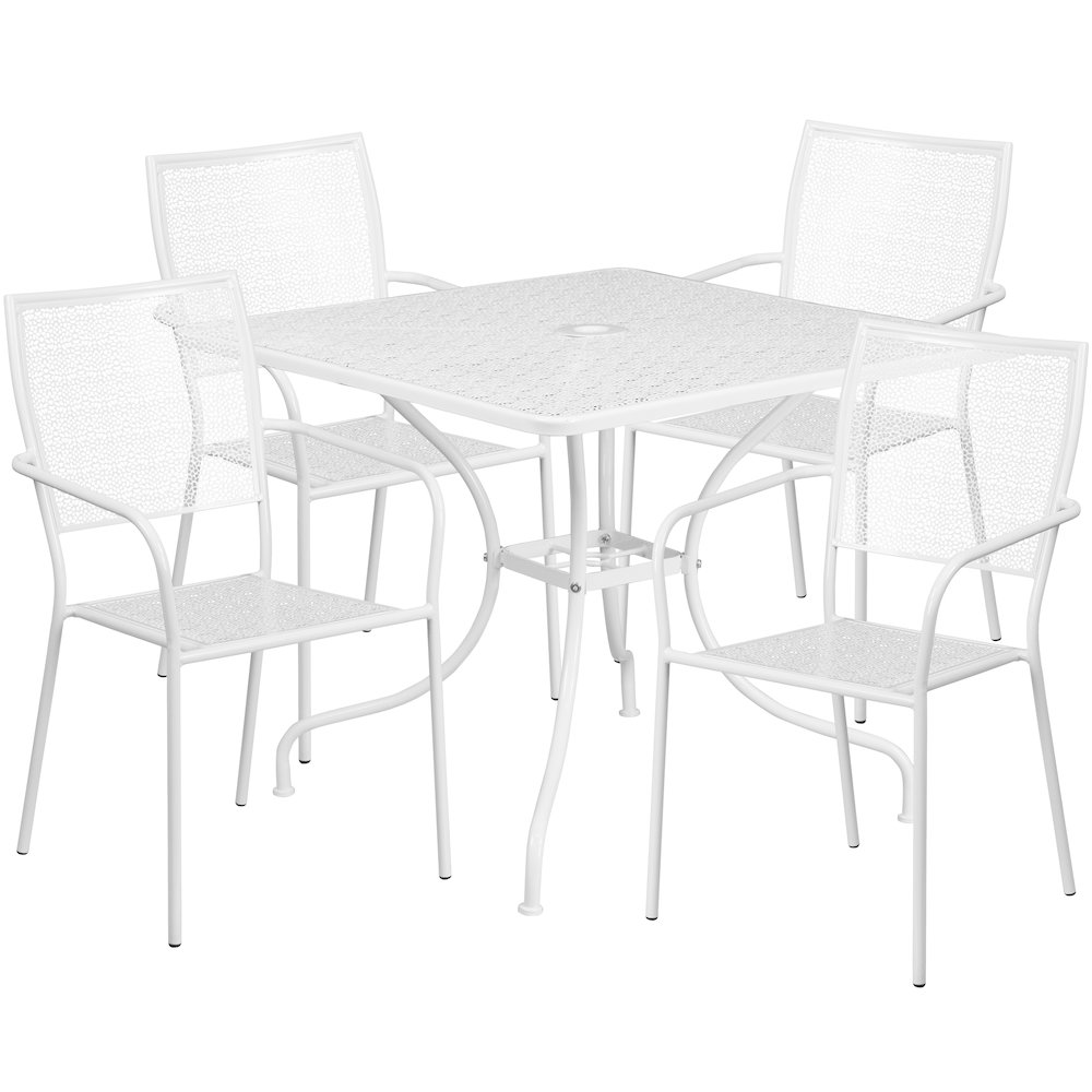 Commercial Grade 35.5" Square White Indoor-Outdoor Steel Patio Table Set with 4 Square Back Chairs. Picture 1