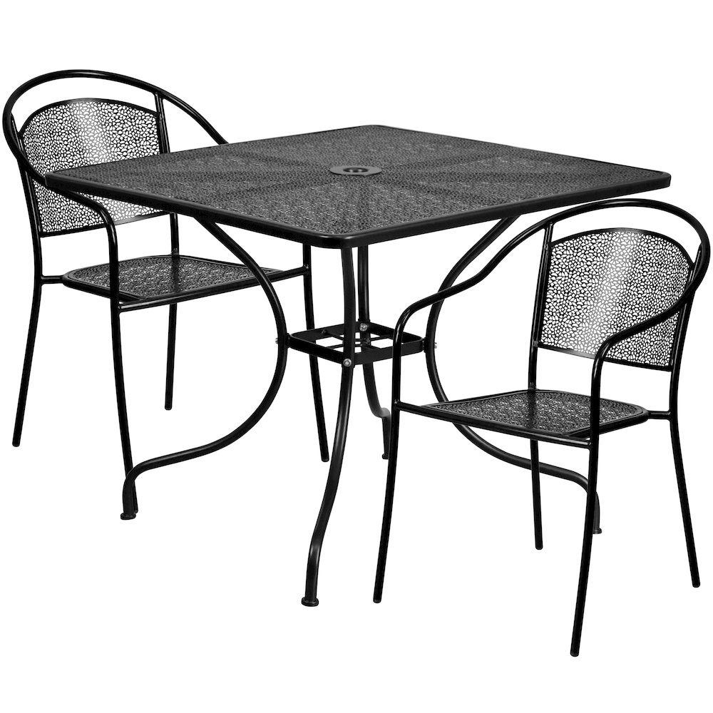 35.5" Square Black Indoor-Outdoor Steel Patio Table Set with 2 Round Back Chairs. Picture 1