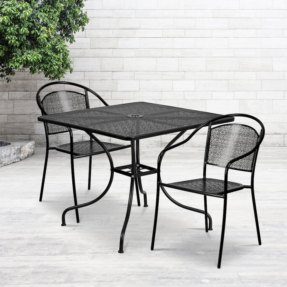 35.5" Square Black Indoor-Outdoor Steel Patio Table Set with 2 Round Back Chairs. Picture 2